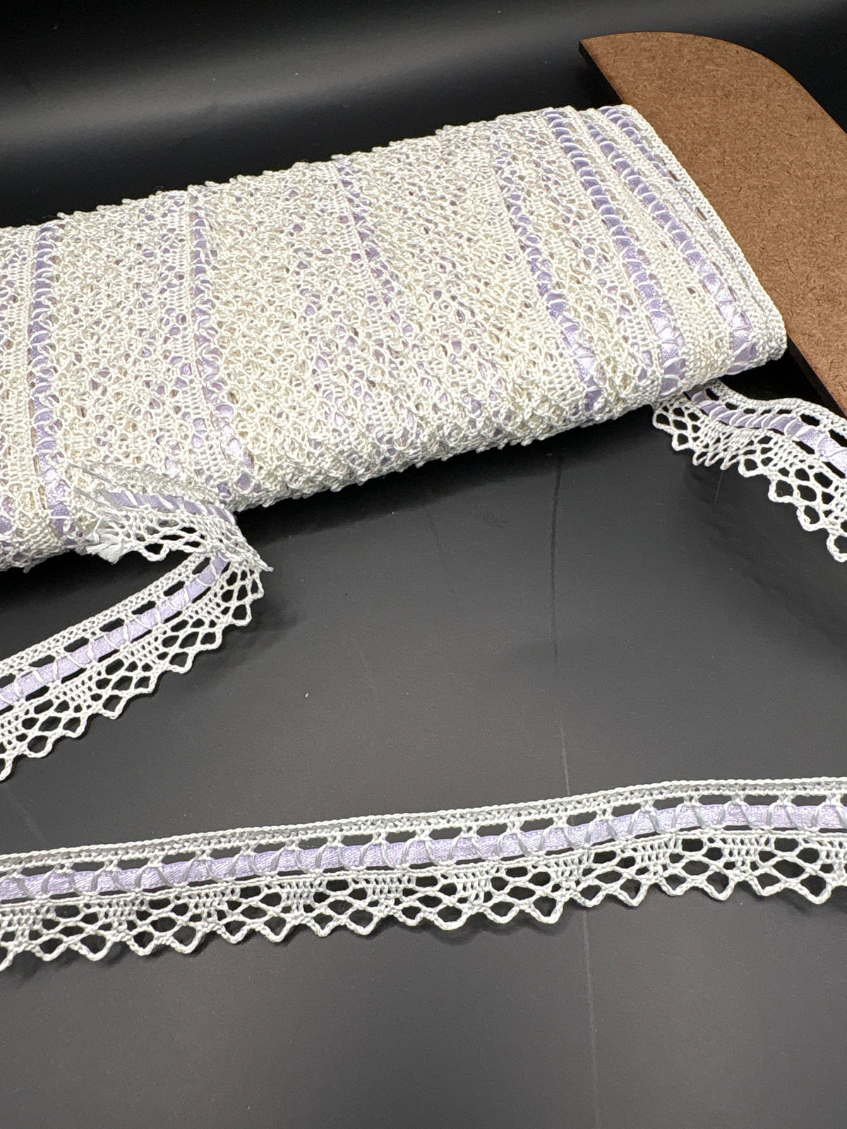 Ivory lace with lilac satin ribbon