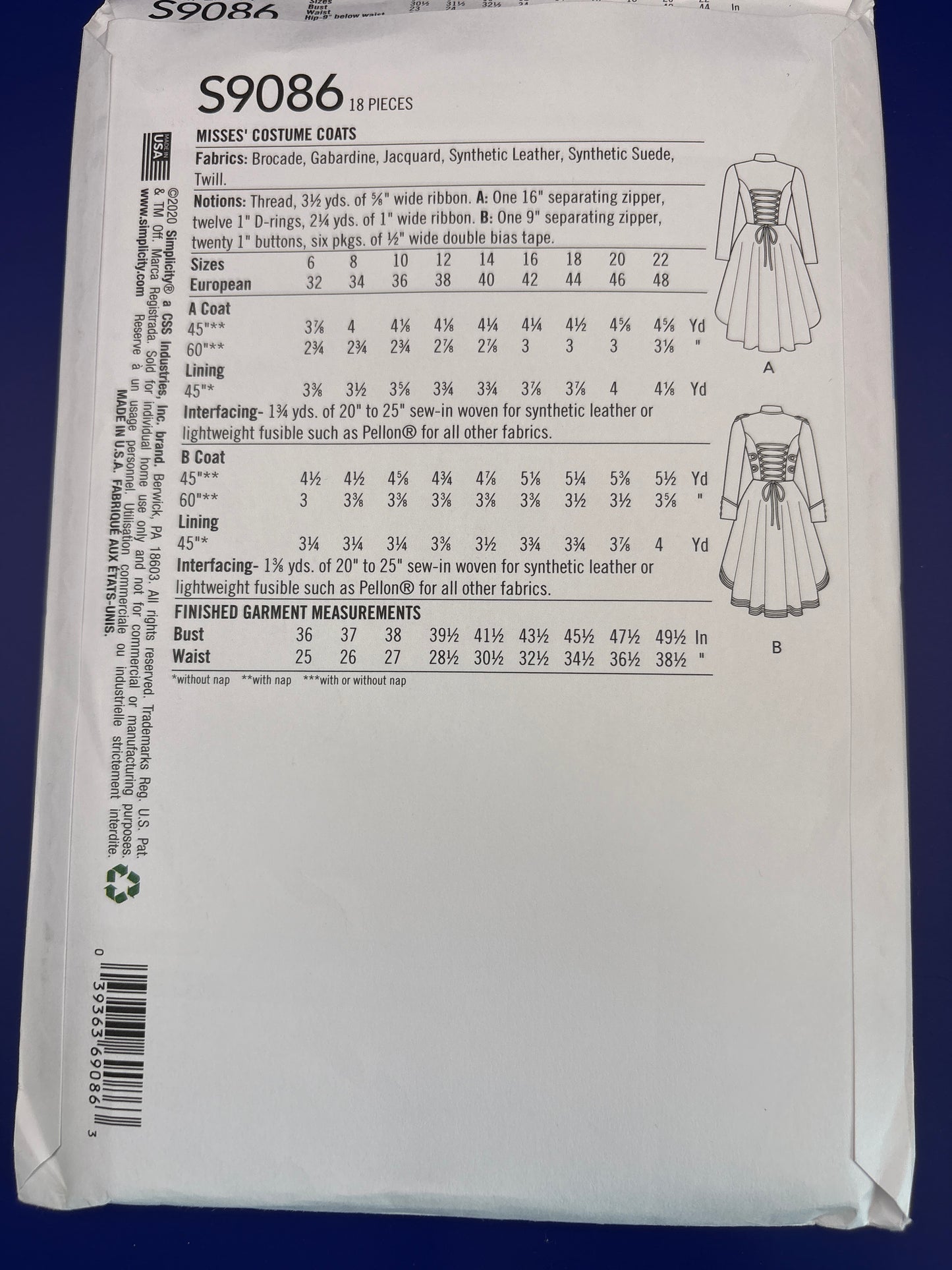 Simplicity S9086 costume sewing pattern