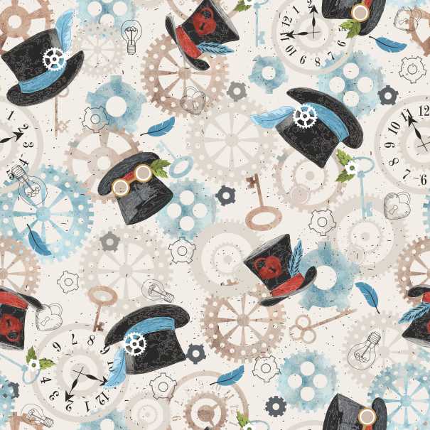 Steampunk Top Hats and Cogs cotton fabric