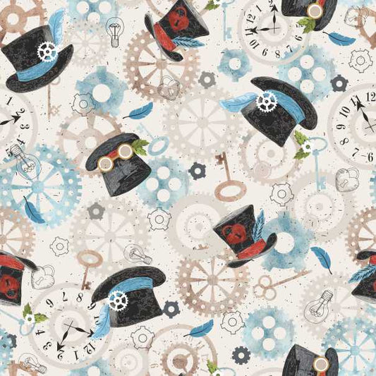 Steampunk Top Hats and Cogs cotton fabric