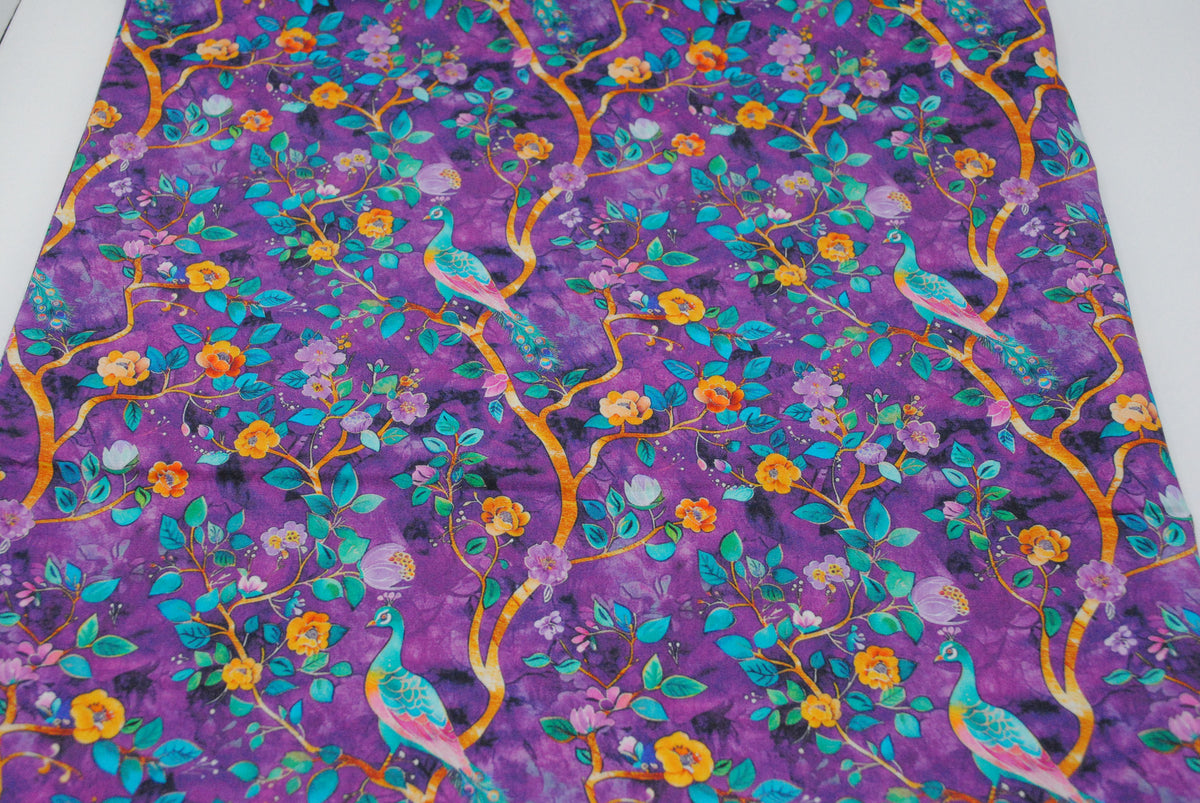 Rose & Hubble Dark purple peacocks cotton poplin