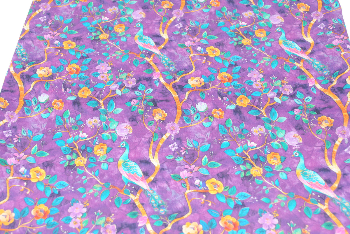Rose & Hubble Dark purple peacocks cotton poplin