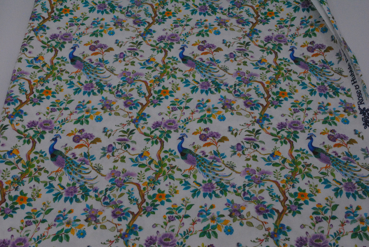 Rose & Hubble peacocks cotton poplin print