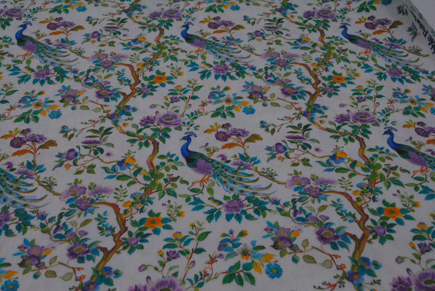 Rose & Hubble peacocks cotton poplin print