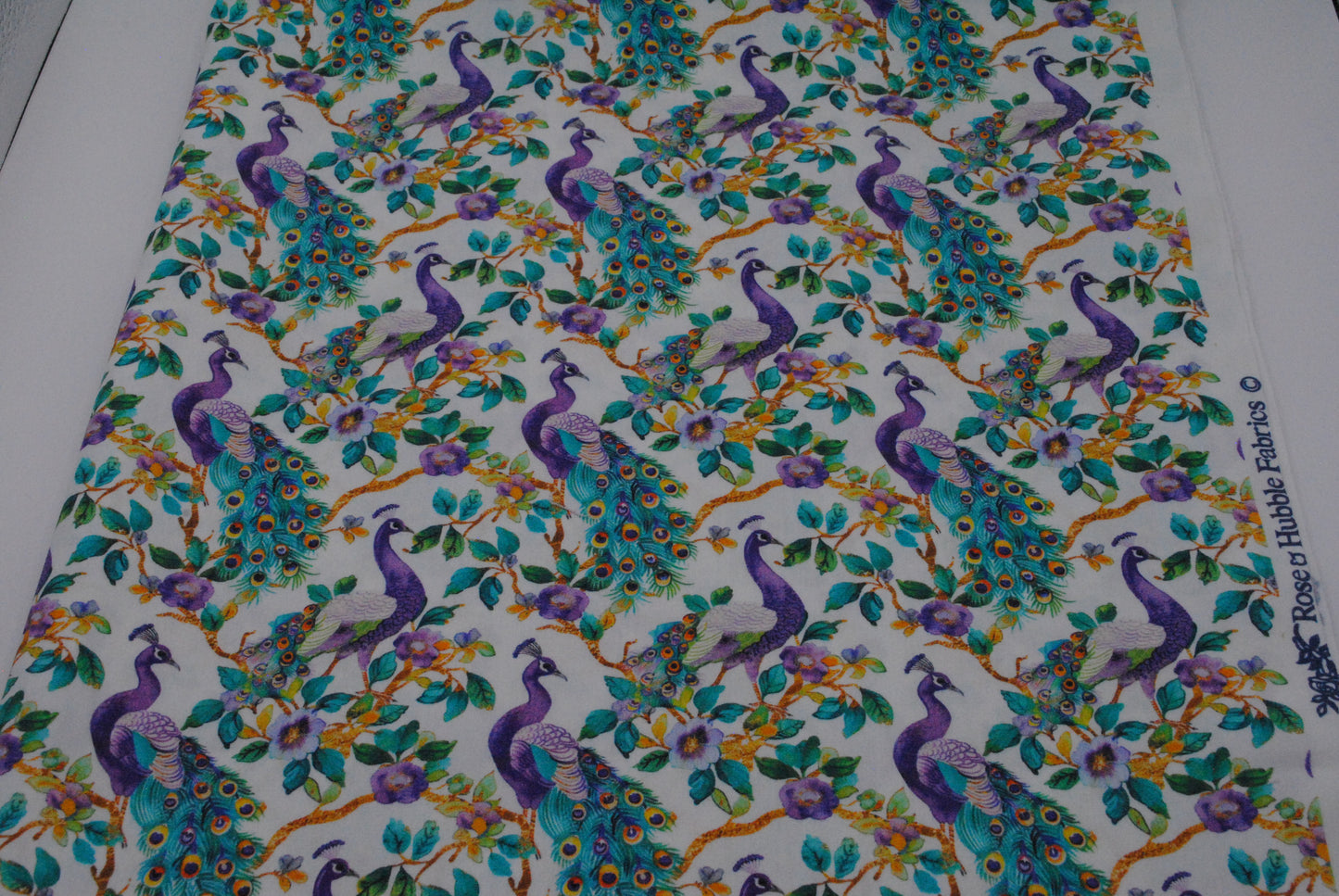 Rose & Hubble Purple Peacocks cotton poplin print