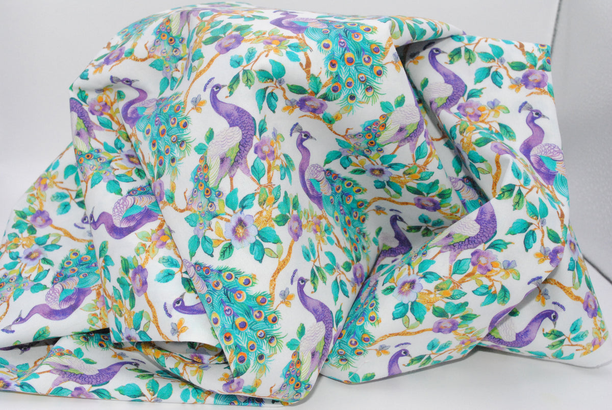 Rose & Hubble Purple Peacocks cotton poplin print